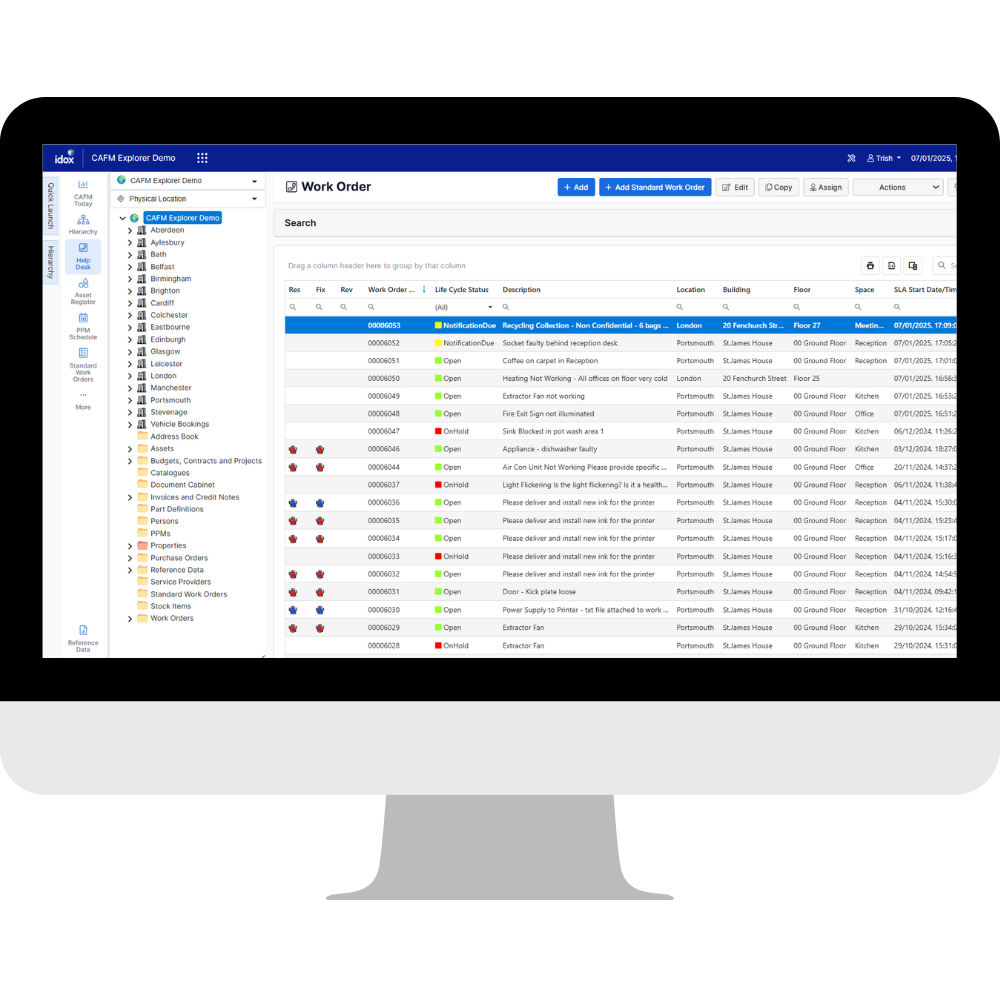 CAFM Explorer Work order on computer screen