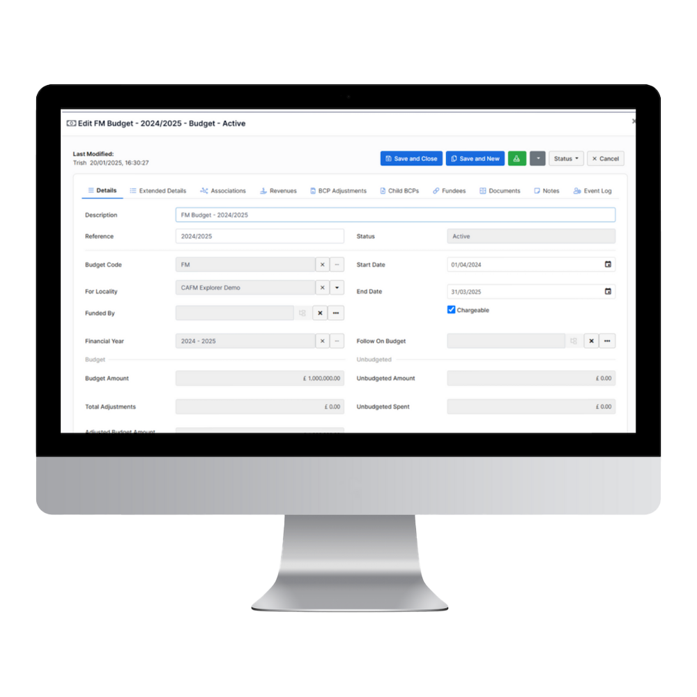 CAFM_finance_management_-_large_desktop_device_screenshot CAFM Explorer finance manager screen
