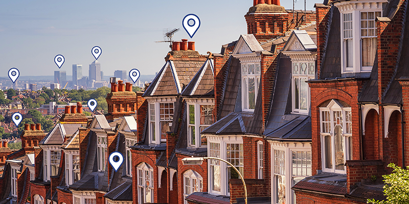 Rooftops with pins